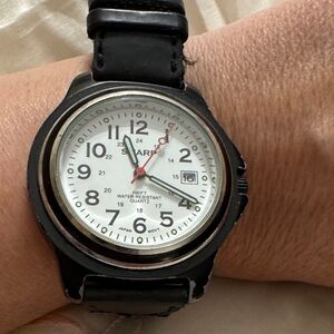 Unbranded Black Leather Strap Analog Watch with White Dial and Red Second Hand